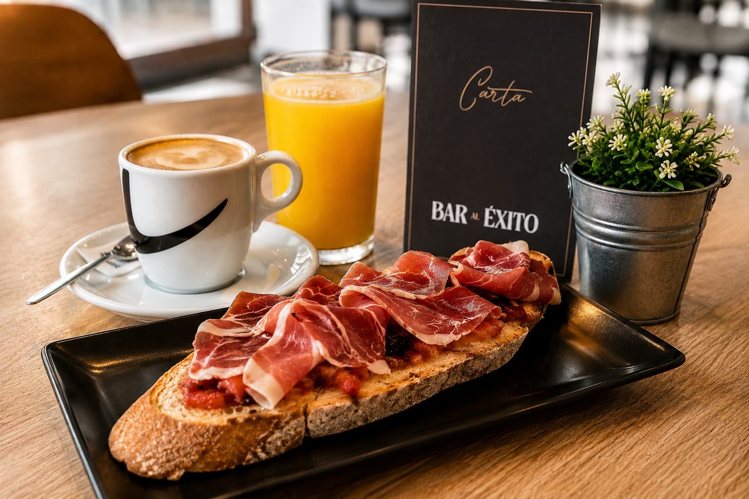 Desayunos en Burgos con café, zumo natural y tosta de jamón